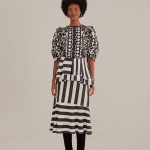 Black Mixed Stripes Midi Skirt